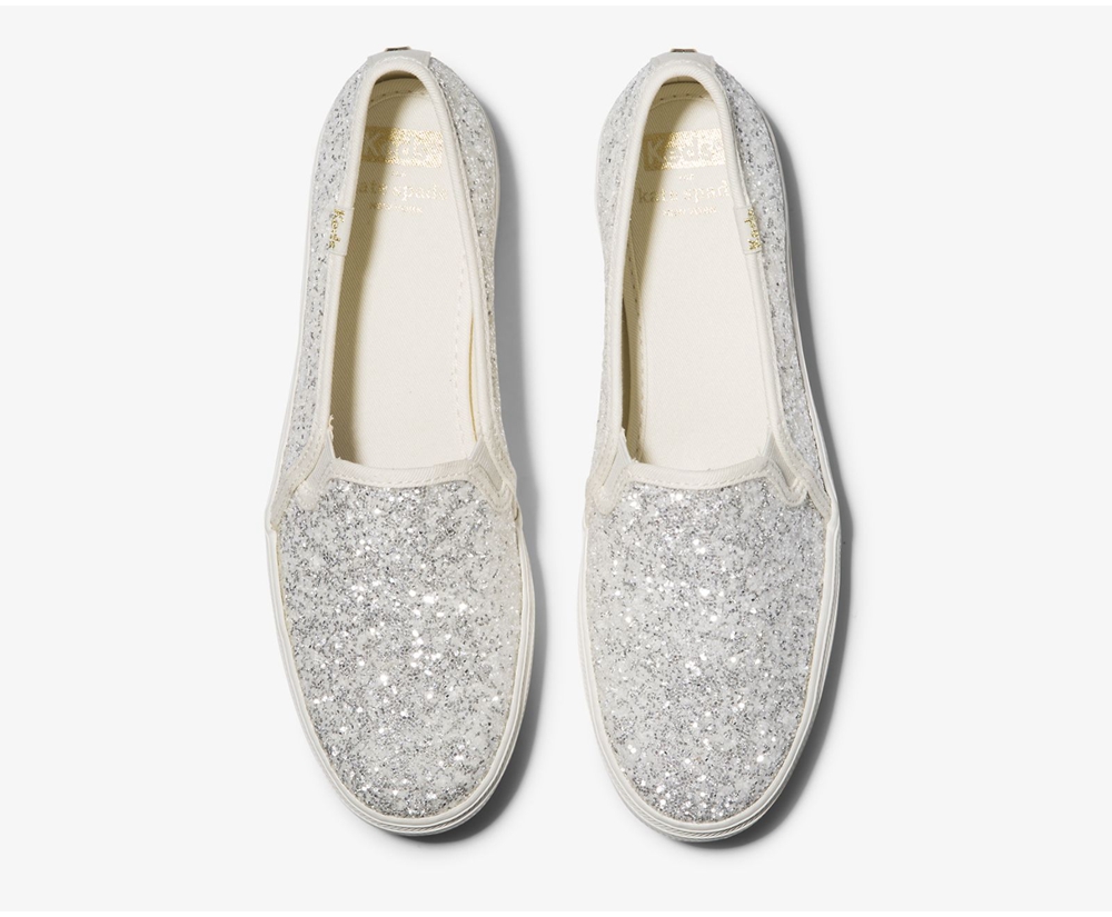 Womens Keds Slip Ons - Kate Spade new york Triple Decker Glitter - White - 8715-IDVJL